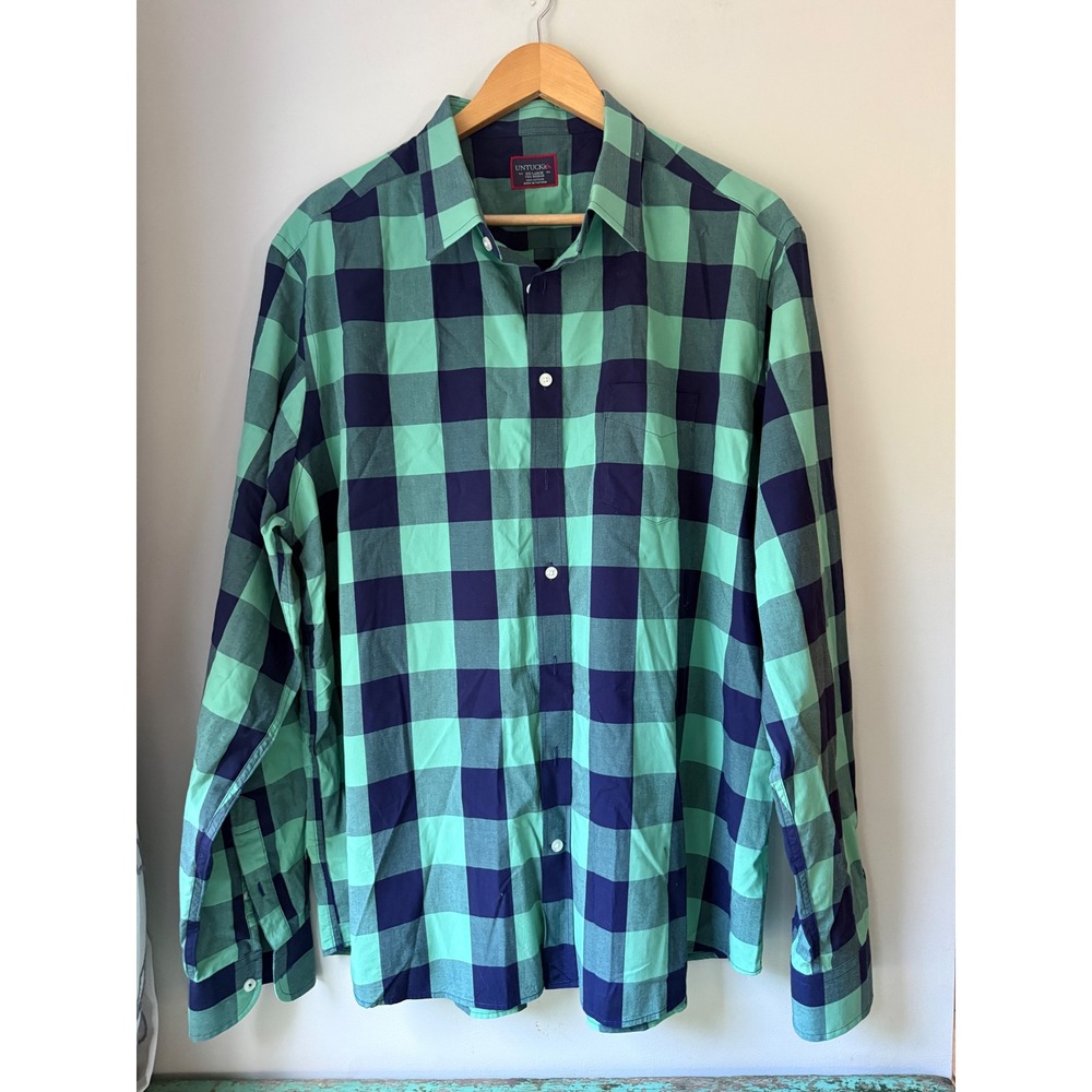 UNTUCKit Button Down mens XXL Tall Green Navy Buffalo Check Plaid Shirt casual